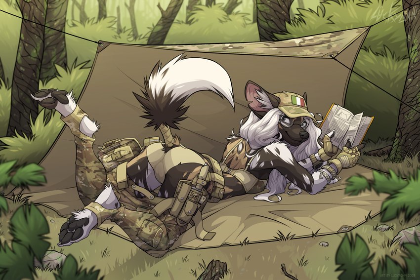 anthro barefoot black_nose black_pawpads book bottomwear butt camo camo_bottomwear camo_clothing camo_gloves camo_handwear camo_pants camo_print camo_topwear camo_vest clothing countershade_butt countershade_feet countershade_tail countershading digitigrade feet female fingerless_gloves fluffy fluffy_ears fluffy_tail forest forest_background fur glass gloves grass grey_body grey_fur hair handwear hat headgear headwear holding_book holding_object italian_flag long_hair looking_at_viewer looking_back looking_back_at_viewer lying military_cap military_gear military_gloves military_uniform military_vest nature nature_background on_front outside pants pattern_bottomwear pattern_clothing pattern_gloves pattern_handwear pattern_pants pattern_topwear pattern_vest pawpads paws plant shrub snout solo string tail tarp topwear tree uniform vest white_body white_fur white_hair luckyonn sola_(luckyonn) african_wild_dog canid canine mammal 2023 hi_res