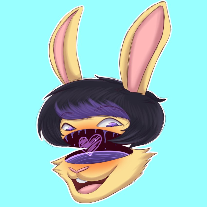 black_hair candy_gore gore hair painless_gore purple_eyes purple_hair simple_background solo surrealism damian5320 dami_(damian5320) lagomorph leporid mammal rabbit 1:1 absurd_res headshot_portrait hi_res portrait