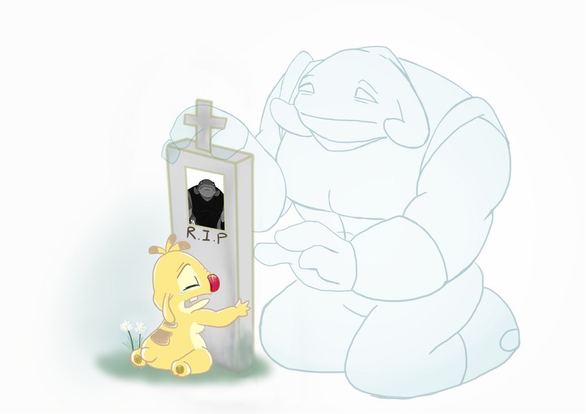 3_fingers antennae_(anatomy) anthro back_markings belly bodily_fluids crying dipstick_antennae duo eyebrows eyes_closed fingers fur kneeling male markings moobs multicolored_antennae raised_inner_eyebrows red_nose sad size_difference slightly_chubby tears tombstone yellow_body yellow_fur reubensaikou disney lilo_and_stitch gantu alien experiment_(lilo_and_stitch) ghost spirit hi_res