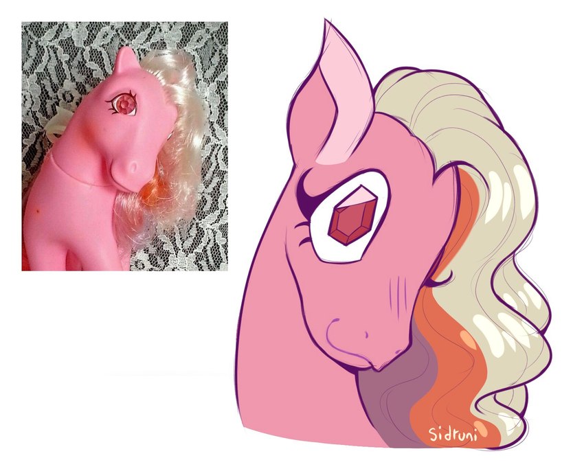 ambiguous_gender blonde_hair eyelashes feral gem gem_eyes hair multicolored_hair pink_body pointy_ears prick_ears red_eyes smile snout solo sidruni hasbro mlp_g1 my_little_pony locket_(mlp) equid equine horse mammal pony twinkle-eyed 2023 hi_res