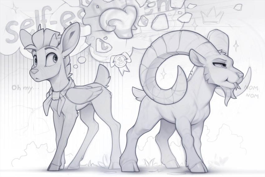 antlers big_horn blush cloven_hooves duo eating feral hooves horn male nom om_nom_nom scarf thought_bubble wings yakovlev-vad yakovlev-vad_(oc) bovid caprine goat mammal peryton 2024 hi_res monochrome