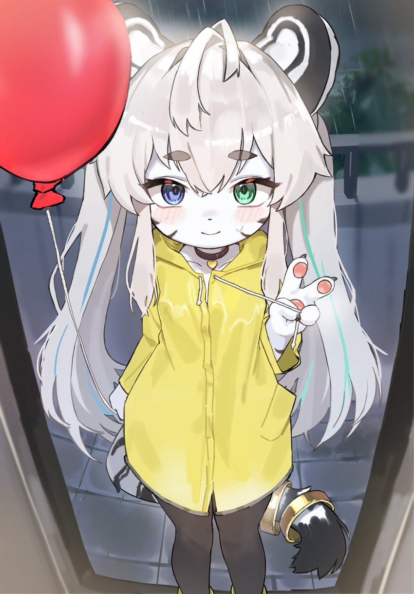 accessory anthro balloon choker clothing coat female furgonomics heterochromia inflatable jewelry kemono necklace raincoat ring solo stripes tail tail_accessory tail_jewelry tail_ring topwear young anonymous_artist felid mammal pantherine hi_res