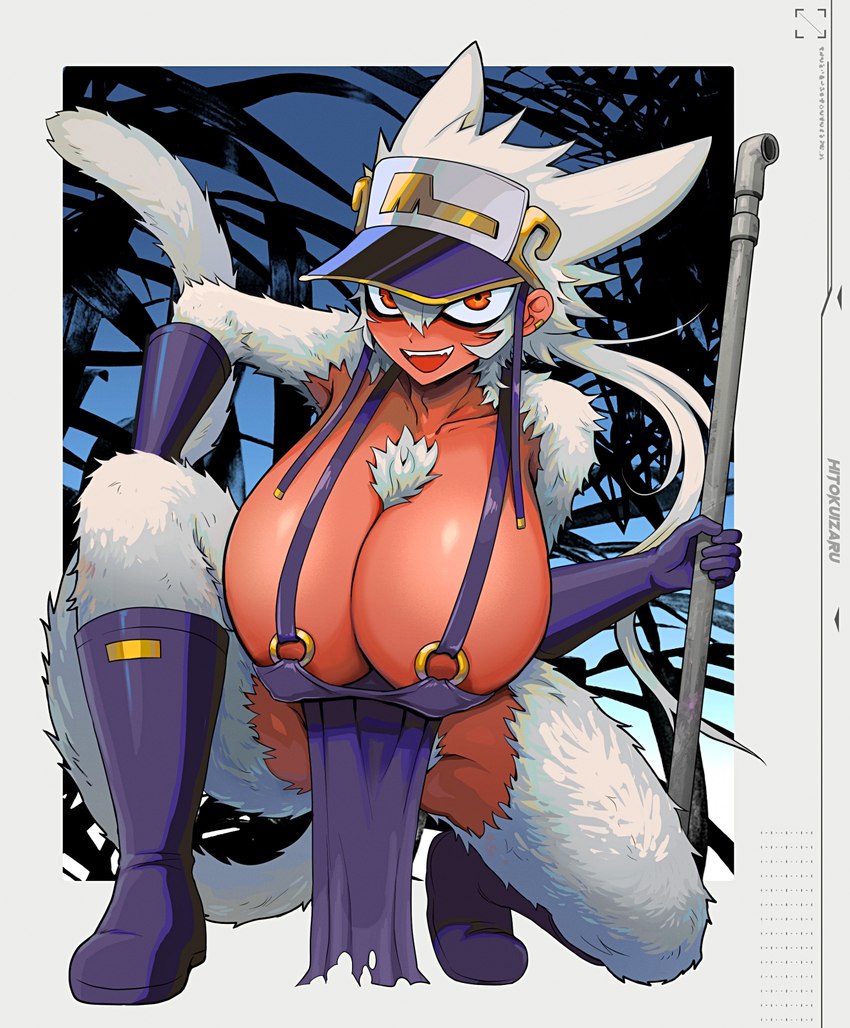 accessory apron apron_only areola areola_slip armpit_hair big_breasts blush body_hair boots breasts cleavage clothed clothing dark_body dark_skin fangs female footwear fur gloves hair handwear hat headgear headwear huge_breasts metal_pipe muscular muscular_female pubes red_eyes shoes side_boob smile tail teeth tomboy visor_cap white_body white_fur white_hair g_tsurimasu haplorhine mammal monkey primate hi_res