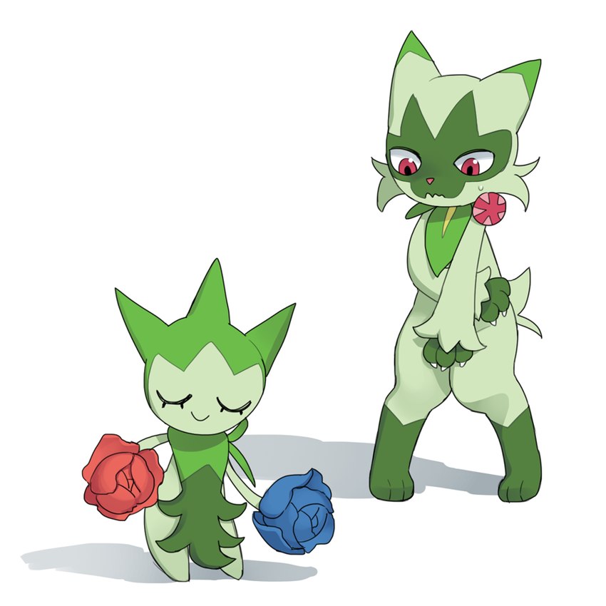 alternate_costume ambiguous_gender anthro clothing_swap covering covering_crotch duo eyes_closed flower_(anatomy) fur green_body green_fur red_eyes simple_background smile standing white_background tosx nintendo pokemon felid floragato generation_3_pokemon generation_9_pokemon humanoid mammal pokemon_(species) roselia 1:1