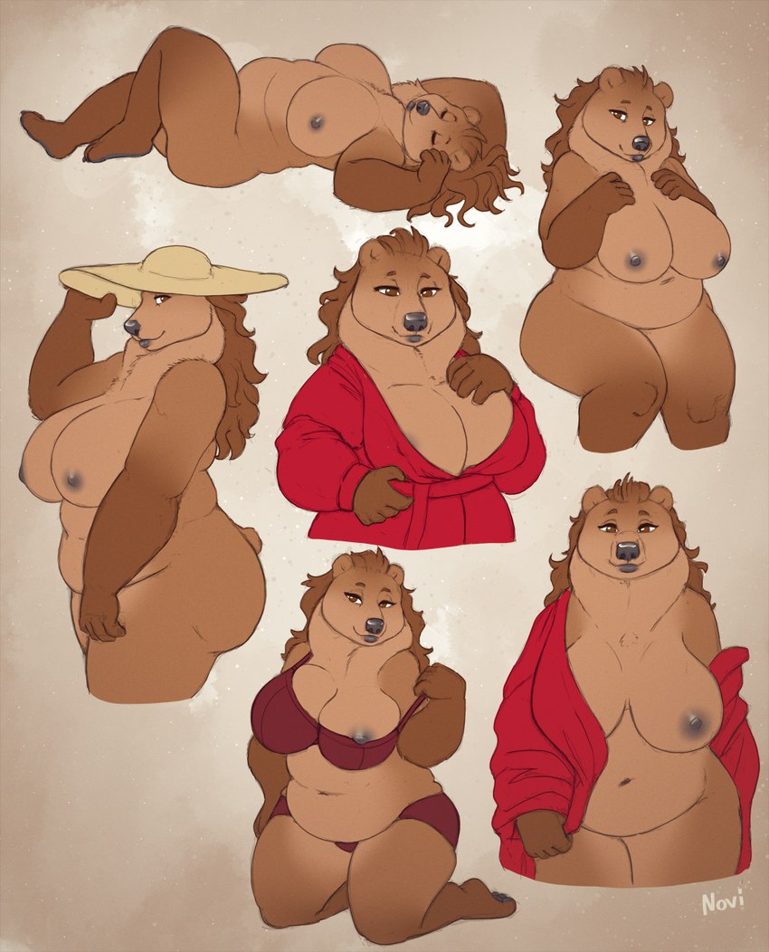 5_fingers anthro areola bathrobe belly big_breasts big_butt black_nose bra breasts brown_body brown_eyes brown_fur brown_hair butt cleavage clothed clothing countershade_torso countershading curvy_figure dipstick_limbs female fingers fur grey_areola grey_nipples hair hat headgear headwear huge_breasts huge_butt lips long_hair looking_at_viewer mature_female multiple_poses navel nipple_slip nipples nude one_breast_out overweight overweight_female panties pose red_clothing red_underwear robe smile solo sun_hat thick_bottom_lip thick_thighs underwear undressing voluptuous noviraine nora_(tasanko) bear brown_bear mammal ursine 2022 digital_media_(artwork) hi_res signature sketch_page