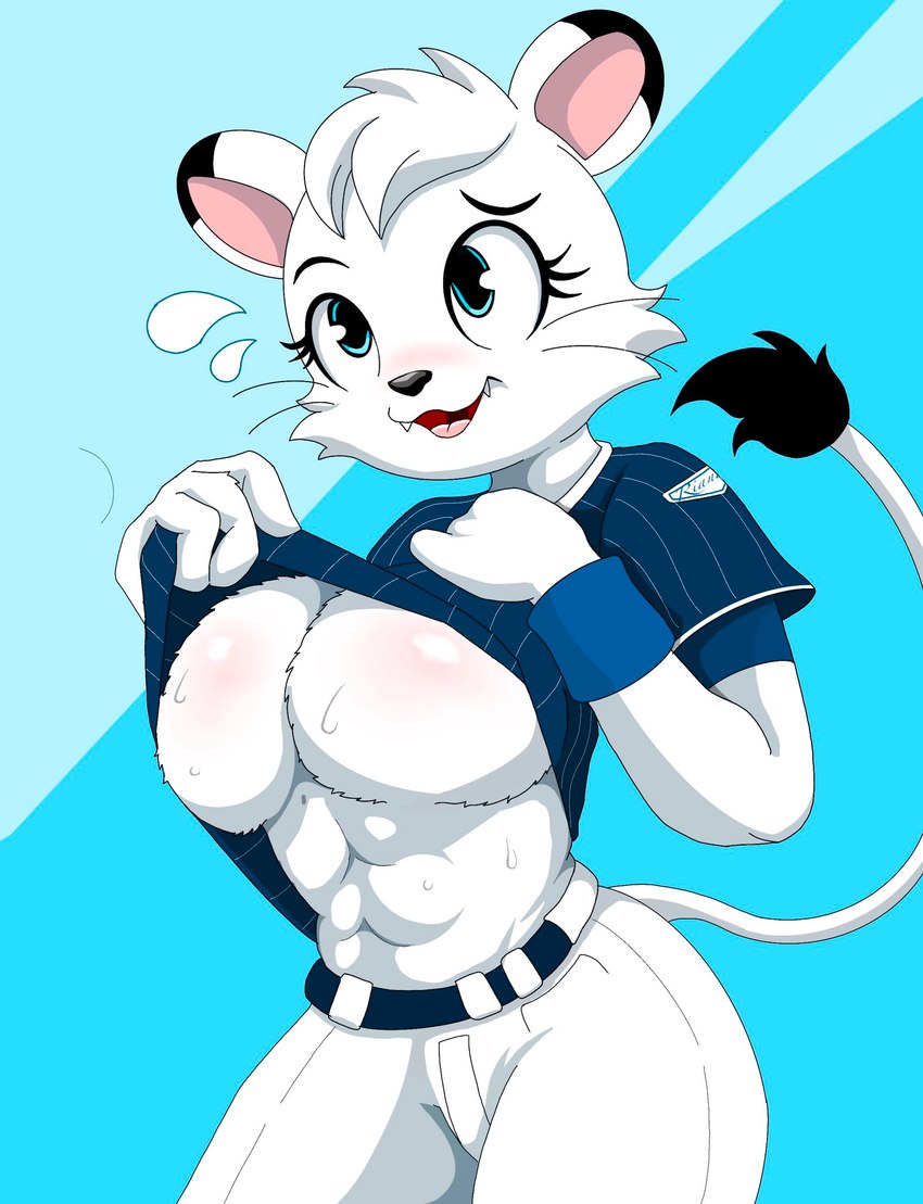 abs anthro baseball_uniform big_breasts blue_eyes blush bodily_fluids body_blush breast_blush breasts clothed clothing clothing_lift female fur hair mascot open_mouth solo sportswear sweat sweatdrop tail thick_thighs uniform white_body white_fur white_hair zebra10045 nippon_professional_baseball saitama_seibu_lions lina_(saitama_seibu_lions) felid lion mammal pantherine 2024 hi_res