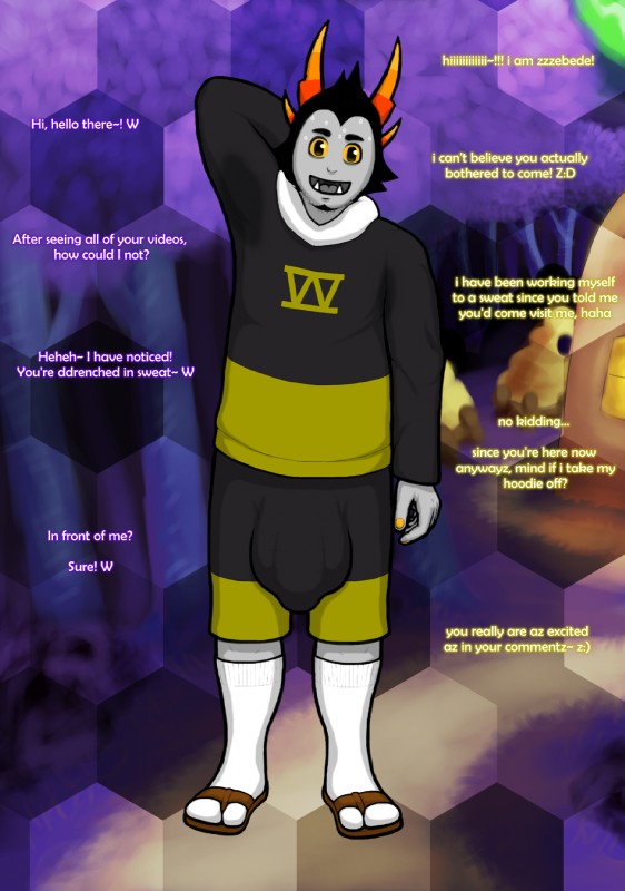 aged_up big_bulge bodily_fluids bulge clothing footwear greeting horn huge_bulge legwear male not_furry offscreen_character sandals shoes slightly_chubby socks socks_with_sandals solo sweat sweat_stain text mintgears hiveswap homestuck ms_paint_adventures zebede_tongva alien alien_humanoid horned_humanoid humanoid troll_(homestuck) english_text hi_res