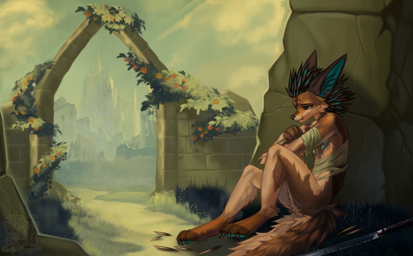 anthro bandage butt casual_nudity claws flower fur katana landscape leaning leaning_backward male melee_weapon narrowed_eyes nude on_ground outdoor_nudity outside pawpads paws plant ruins sad sitting slim small_waist solo sword tan_body tan_fur weapon solarflare02 canid canine fox mammal rexouium 2024 hi_res signature