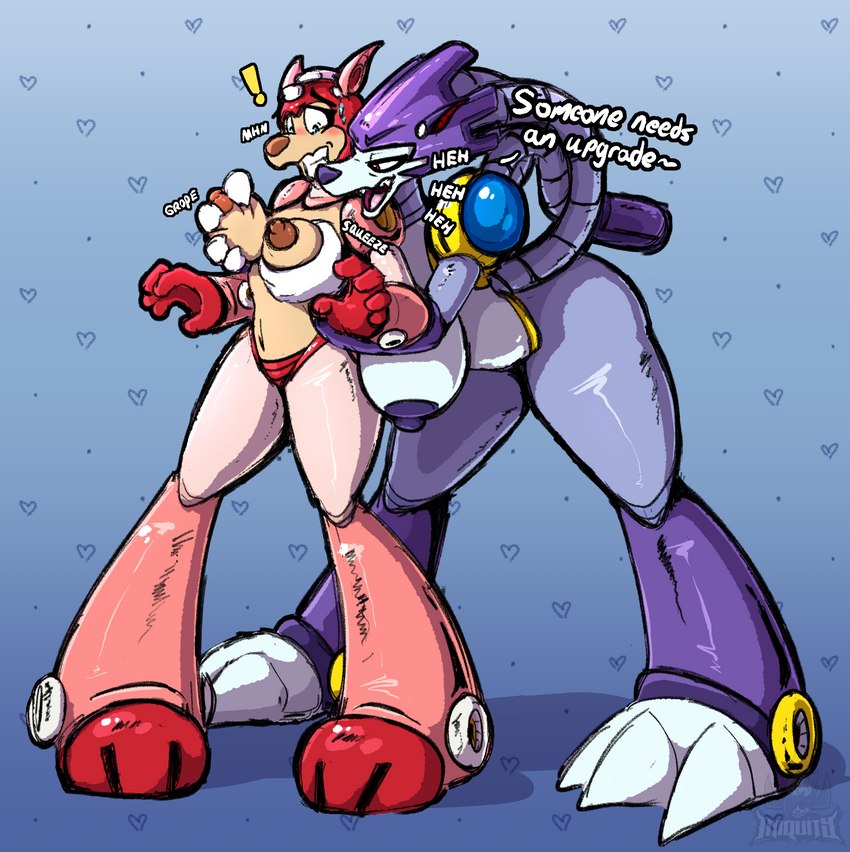 anthro armor big_breasts blue_eyes blush bodily_fluids breast_grab breast_squish breasts claws crossgender dialogue duo female female/female forced gem hand_on_breast headgear helmet leaning machine nipples onomatopoeia purple_body red_body red_eyes small_breasts sound_effects squish surprised_expression sweat tail teasing text iniquity capcom mega_man_(series) rush_(mega_man) treble_(mega_man) canid canine canis domestic_dog mammal robot wolf english_text hi_res