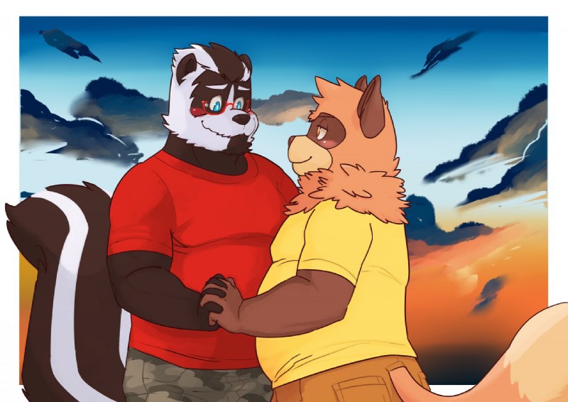 anthro blush duo eye_contact eyewear glasses hand_holding interlocked_fingers looking_at_another male male/male slightly_chubby genchi canid canine mammal mephitid raccoon_dog skunk tanuki