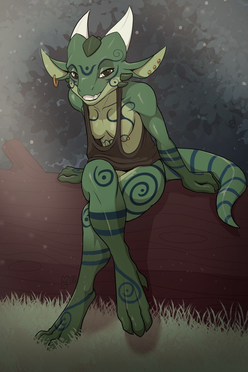 anthro bottomless breasts brown_eyes celtic celtic_tattoos clothed clothing ear_piercing ear_ring female green_body green_scales hanging_breasts leaning leaning_forward looking_at_viewer nipple_piercing nipple_slip nipples piercing ring_piercing scales skimpy smile smiling_at_viewer solo tattoo minnosimmins finiuna kobold scalie absurd_res hi_res