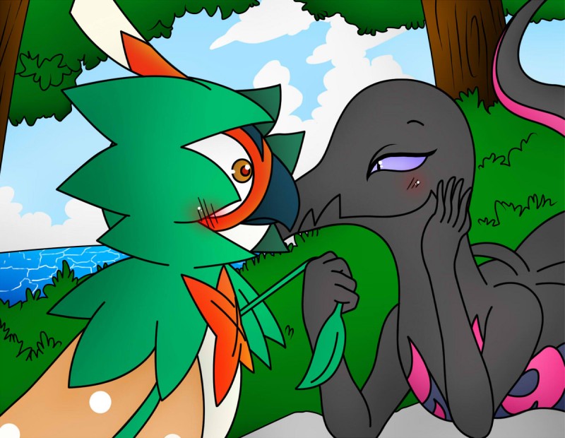 ambiguous/ambiguous ambiguous_gender anthro blush duo plant tree water darkrexs shiningfast winick-lim nintendo pokemon avian bird decidueye generation_7_pokemon pokemon_(species) reptile salazzle scalie 2017 digital_media_(artwork) hi_res