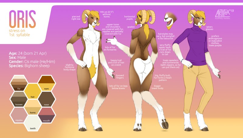 5_fingers amber_eyes anthro areola arm_tuft beard belly big_butt biped bisexual_pride_colors blonde_hair blonde_pubes body_hair bottomwear bovid_horn bracelet brown_body brown_fur brown_hooves brown_nose butt butt_heart caprine_horn cheek_tuft chest_tuft clothed clothing cloven_hooves denim denim_bottomwear denim_clothing dewclaw_hooves ear_piercing elbow_tuft eyebrows eyelashes eyewear facial_hair facial_tuft femboy fingers fluffy fully_clothed fur goatee hair happy_trail hoof_hands hooved_fingers hooves horn humanoid_hands jeans jewelry leg_tuft lgbt_pride looking_at_viewer male multicolored_body multicolored_fur multicolored_tail naturally_censored navel nipples nude open_mouth open_smile pants piercing pink_areola pink_nipples pink_tongue pride_color_accessory pride_colors pubes purple_clothing purple_topwear ram_horn short_hair shoulder_tuft simple_background smile solo standing sweater tail tan_bottomwear tan_clothing tan_horn teeth text tongue topwear tuft turtleneck two_tone_body two_tone_fur underhoof unguligrade white_belly white_body white_fur white_tail m_artifex oris_(m_artifex) bighorn_sheep bovid caprine mammal sheep 2019 absurd_res digital_drawing_(artwork) digital_media_(artwork) english_text hi_res model_sheet