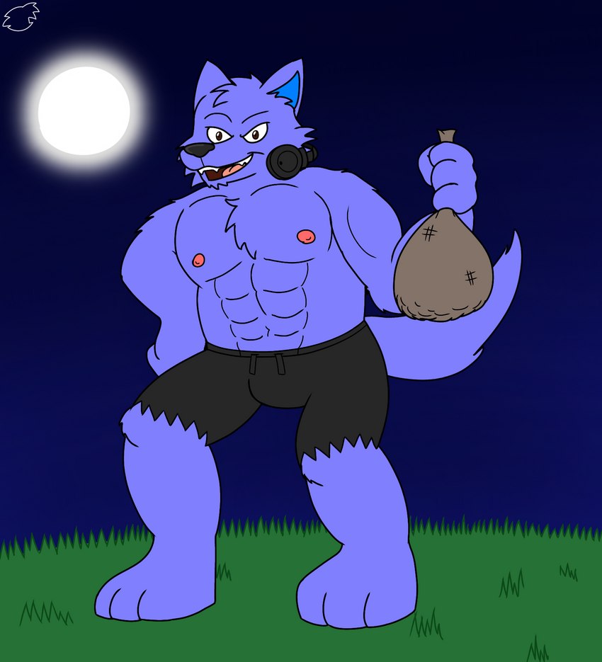 anthro blue_body blue_fur brown_eyes candy_bag detailed_background electronics full_moon fur grass headphones holidays male male_anthro moon muscular muscular_anthro muscular_male night outside plant sky solo thief oth305 ozzythewolf supermariofann1 halloween mythology supermariofanboy canid canine canis mammal mythological_canine mythological_creature were werecanid werecanine werewolf wolf 2023 digital_drawing_(artwork) digital_media_(artwork) flat_colors hi_res