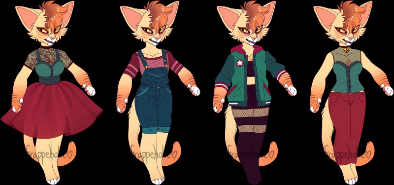 anthro bell clothed clothing collar facial_piercing female fishnet_clothing formal fur lip_piercing markings overalls pawpads piercing snakebite_piercing solo stripes tan_body tan_fur varsity whiskers white_markings young young_anthro frappeholic andi_(frappeholic) domestic_cat felid feline felis mammal tabby_cat alpha_channel hi_res model_sheet