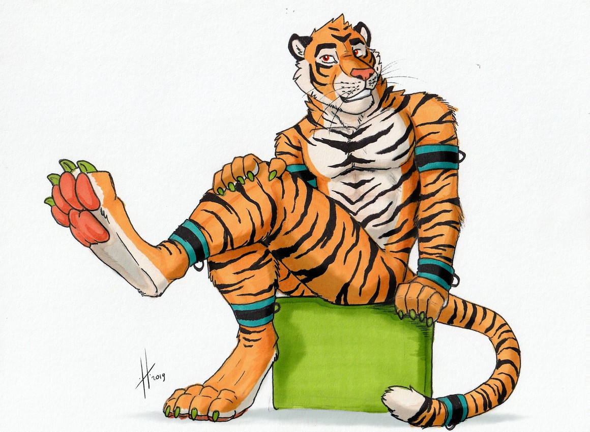 anthro athletic athletic_anthro athletic_male claws facial_markings front_view fur green_claws grin head_markings head_tuft looking_aside male male_anthro markings neck_tuft nude orange_body orange_fur pawpads red_eyes red_nose red_pawpads simple_background sitting smile solo striped_arms striped_body striped_face striped_fur striped_legs striped_markings striped_tail stripes tail tail_markings toe_claws tuft whiskers white_background white_body white_fur hufnaar felid mammal pantherine tiger 2019 dated hi_res painting_(artwork) traditional_media_(artwork) traditional_painting_(artwork)