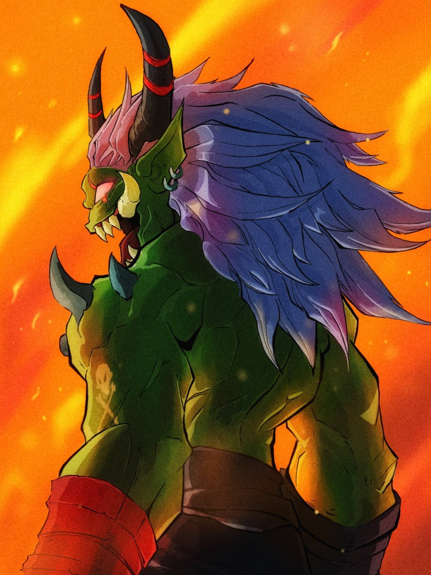 anthro back_muscles ear_piercing ear_ring green_body green_skin hair horn male muscular muscular_anthro muscular_male piercing rear_view ring_piercing scar shirtless solo tusks white_hair steven_purifoy bandai_namco digimon digimon_(species) ogremon 3:4 hi_res