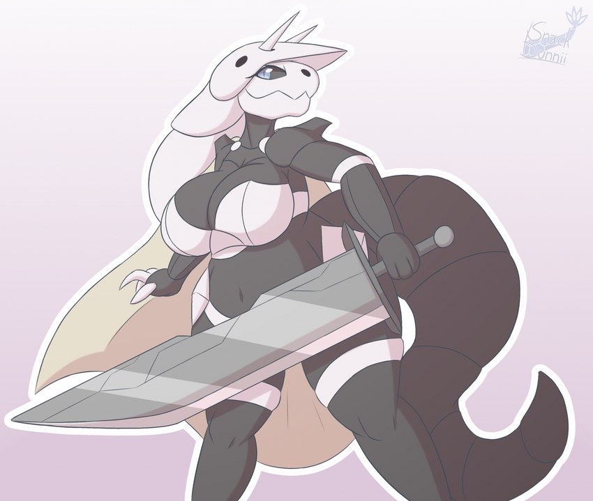 anthro biped black_body black_tail blue_eyes bone bra breasts cape cleavage clothed clothing eyelashes female holding_melee_weapon holding_object holding_sword holding_weapon horn melee_weapon simple_background skimpy skull skull_head smile solo sword tail underwear weapon white_background white_body snackbunnii nintendo pokemon aggron generation_3_pokemon pokemon_(species) hi_res