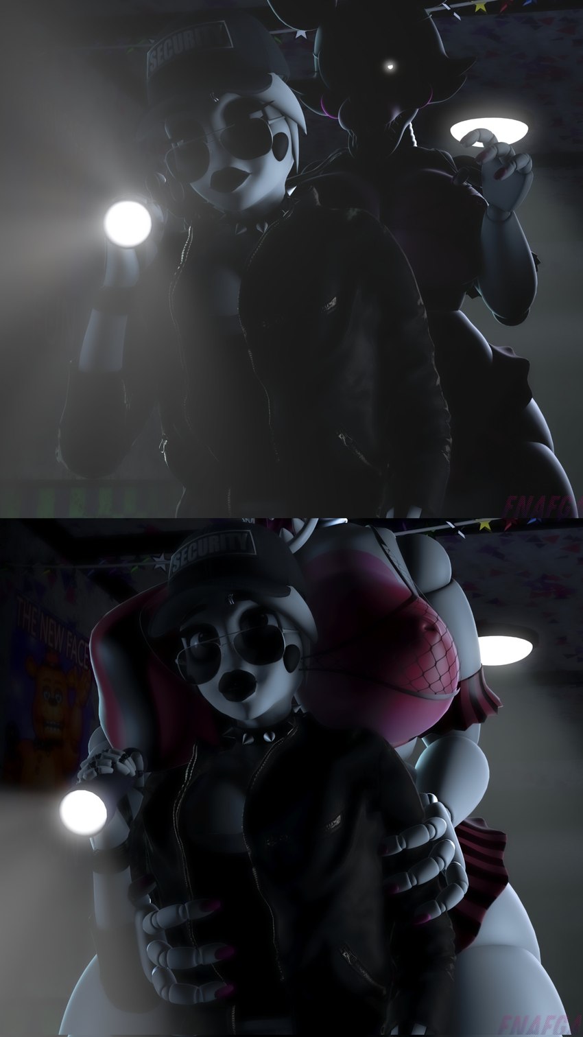 anthro behind_the_counter big_breasts black_lips breasts cape clothed clothing collar duo female flashlight glowing glowing_eyes gynomorph intersex intersex/female lips machine nipples not_furry surprise surprised_expression fnafgamern five_nights_at_freddy's five_nights_at_freddy's_2 scottgames fan_character mangle_(fnaf) mangle_(mishuuyu) rachel_(fnafgamern) animatronic canid canine canis domestic_dog fox humanoid mammal robot robot_humanoid 2024 3d_(artwork) 9:16 absurd_res digital_media_(artwork) hi_res source_filmmaker_(artwork) watermark