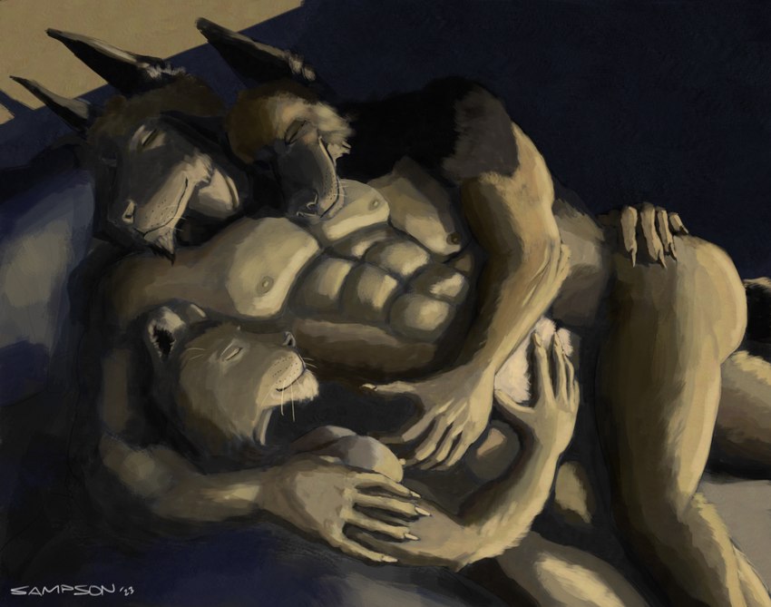 5_fingers anthro anthro_on_anthro athletic athletic_anthro athletic_male bed bedroom bisexual black_nose breasts brown_body brown_fur butt casual_nudity claws cuddling eyes_closed facial_hair female finger_claws fingers fur furniture goatee group hand_on_butt humanoid_hands interspecies intimate lying lying_on_bed male male/female male/male mmf multicolored_body multicolored_fur navel nipples nude on_back on_bed on_side outside pecs sleeping sleeping_nude smile social_nudity tan_body tan_fur trio two_tone_body two_tone_fur white_body white_fur sampsonwoof jacob_caesari marcus_leo_varro sarah_maroc canid canine canis domestic_dog felid german_shepherd herding_dog lion malinois_dog mammal pantherine pastoral_dog sheepdog 2023 signature story story_in_description