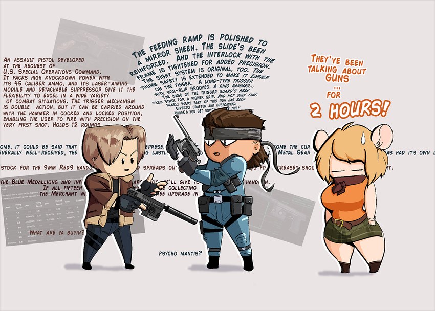 chibi clothed clothing dialogue fully_clothed group gun handgun holding_gun holding_handgun holding_object holding_pistol holding_ranged_weapon holding_weapon pistol ranged_weapon standing sweatdrop_(iconography) text weapon bigoldoinks capcom konami metal_gear moushley_(meme) resident_evil ashley_graham_(resident_evil) leon_kennedy moushley solid_snake animal_humanoid human humanoid mammal mammal_humanoid mouse mouse_humanoid murid murid_humanoid murine murine_humanoid rodent rodent_humanoid english_text meme