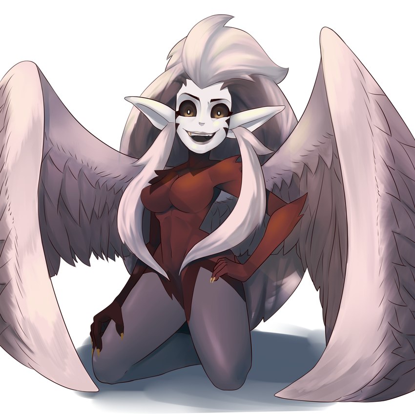 alternate_species arm_tuft big_ears big_hair big_wings black_sclera breasts brown_eyes curvy_figure elbow_tuft feathered_wings feathers featureless_breasts featureless_crotch female female_humanoid front_view gold_(metal) gold_tooth grey_body grey_feathers grey_hair grey_lipstick hair hand_on_hip hourglass_figure humanoid_pointy_ears inner_ear_fluff kneeling looking_at_viewer not_furry one_fang open_mouth open_smile pointy_ears shoulder_tuft simple_background small_waist smile solo tuft white_background wings exagono16 disney the_owl_house eda_clawthorne humanoid witch_(the_owl_house) 1:1 2022 absurd_res full-length_portrait hi_res portrait