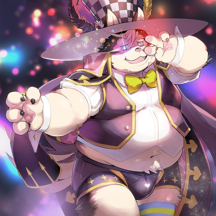 anthro belly big_belly bottomwear bow_tie bulge clothing humanoid_hands kemono male overweight overweight_male shorts solo nekomarudon tanukimaru crave_saga azoth_(crave_saga) canid canine canis domestic_dog mammal 1:1 2023