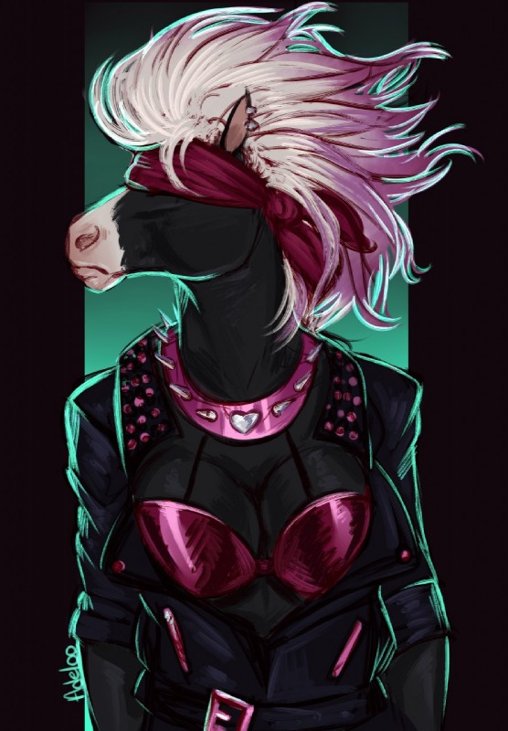 anthro black_body black_fur blindfold bra breasts clothed clothing collar female fur hair jacket leather leather_clothing leather_jacket leather_topwear pink_hair solo spiked_clothing spiked_collar spikes standing topwear underwear white_hair adeloo emily_(adeloo) equid equine horse mammal hi_res