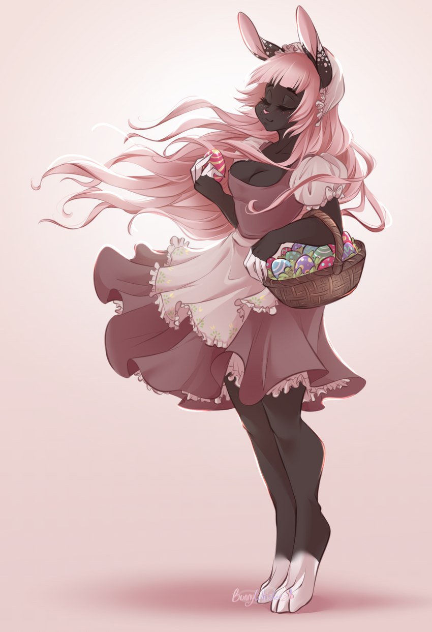 anthro apron barefoot black_body breasts clothed clothing dress easter_egg egg eyes_closed feet female fully_clothed hair holding_egg holding_object holidays pink_hair simple_background smile solo standing bunnywhiskerz easter bunny_(oc) lagomorph leporid mammal rabbit 2021 digital_media_(artwork) hi_res shaded