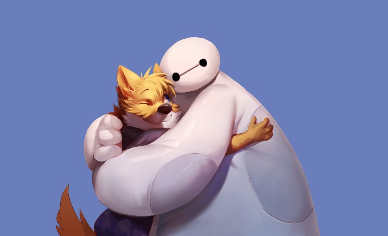 anthro blue_background clothed clothing duo hug machine one_eye_closed simple_background smile nviek5 big_hero_6 disney baymax takemoto canid canine canis domestic_dog mammal robot 2015 hi_res