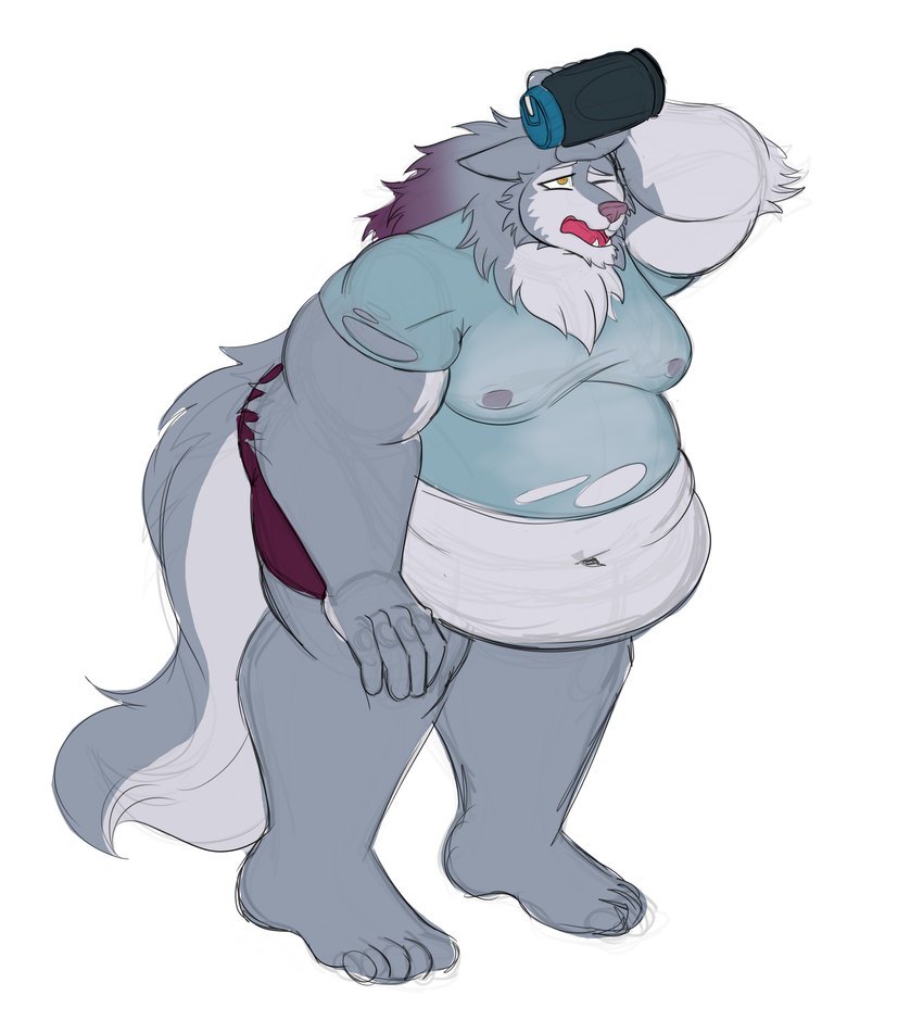 anthro blue_body blue_fur blue_hair bodily_fluids bottle bottomwear clothing container fat_arms fat_legs fur hair male moobs navel nipples one_eye_closed overweight overweight_male purple_hair shorts solo sweat tearing_shirt thick_thighs water_bottle white_body white_fur lichinthesystem lifewonders tokyo_afterschool_summoners hati_(tas) canid canine canis mammal wolf absurd_res hi_res