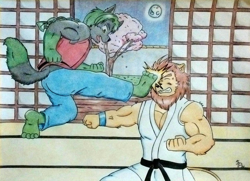 4_toes 5_fingers anthro barazoku biceps black_body black_fur blossoms clenched_teeth clothed clothing detailed_background dojo eyes_closed feet fight fingers flying_kick fur green_hair hair karate karate_belt karate_outfit karate_pants keikogi kick light male martial_arts_uniform midair moonlight movement multicolored_body multicolored_fur muscular muscular_anthro muscular_arms muscular_male night open_mouth pain plant sportswear tail tail_tuft tan_body tan_fur teeth tied_hair toes tree tuft wolf_tail dashthefox naki_silverwind canid canine canis felid lion mammal pantherine wolf 2020 detailed hi_res traditional_media_(artwork)