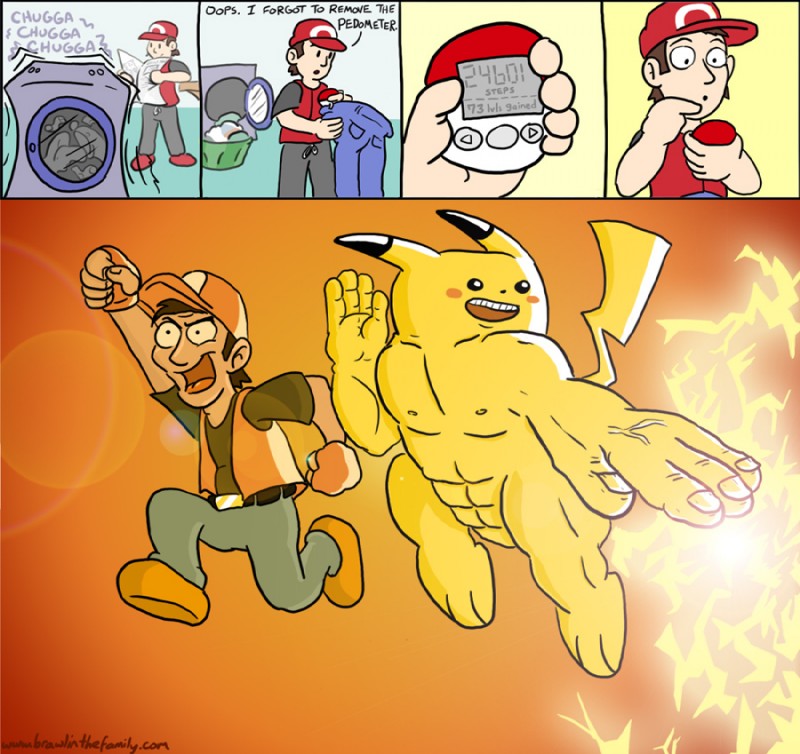 appliance bottomwear clothing fur laundry_machine male pants pedometer pokewalker tail washing_machine yellow_body yellow_fur matthew_taranto brawl_in_the_family nintendo pokemon pokemon_trainer red_(pokemon) generation_1_pokemon human mammal pikachu pokemon_(species) rodent comic