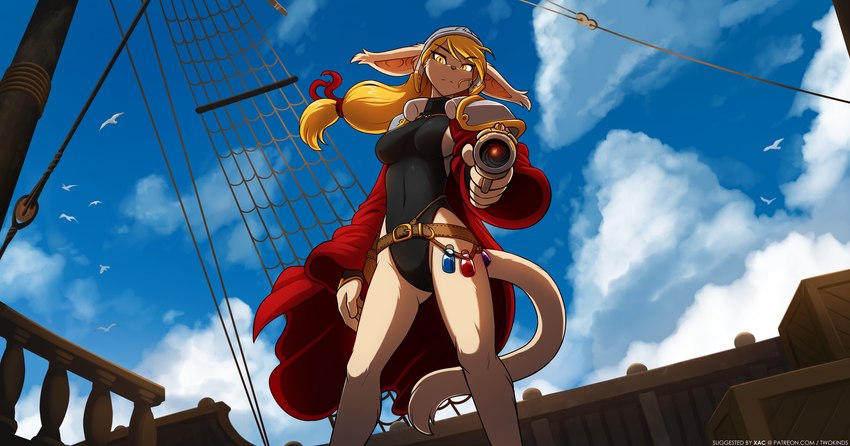 anthro belt boat breasts clothed clothing coat female gun hair holding_gun holding_object holding_ranged_weapon holding_weapon leotard looking_at_viewer looking_down low-angle_view open_clothing open_coat open_topwear pointing_gun_at_viewer ponytail ranged_weapon side_boob simple_background skimpy solo topwear vehicle watercraft weapon white_background yellow_eyes conditional_dnp tom_fischbach twokinds captain_reis basitin mammal 2024 adobe_photoshop_(artwork) colored digital_media_(artwork) hi_res