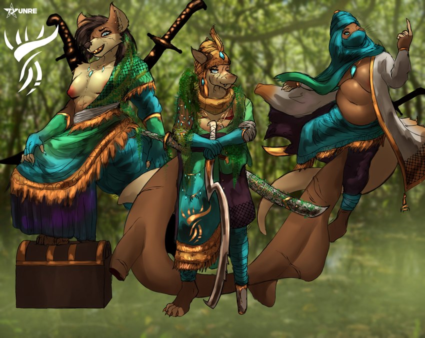 anthro brown_body clothing ear_piercing eyebrow_piercing facial_piercing female fur gold_(metal) green_clothing group male mastectomy_scar melee_weapon multicolored_body multicolored_fur overweight overweight_male pegleg piercing scar swamp sword sword_on_back sword_sheath treasure_chest trio two_tone_body two_tone_fur weapon tyunre ombrelune fish hyena mammal marine mustelid otter shark