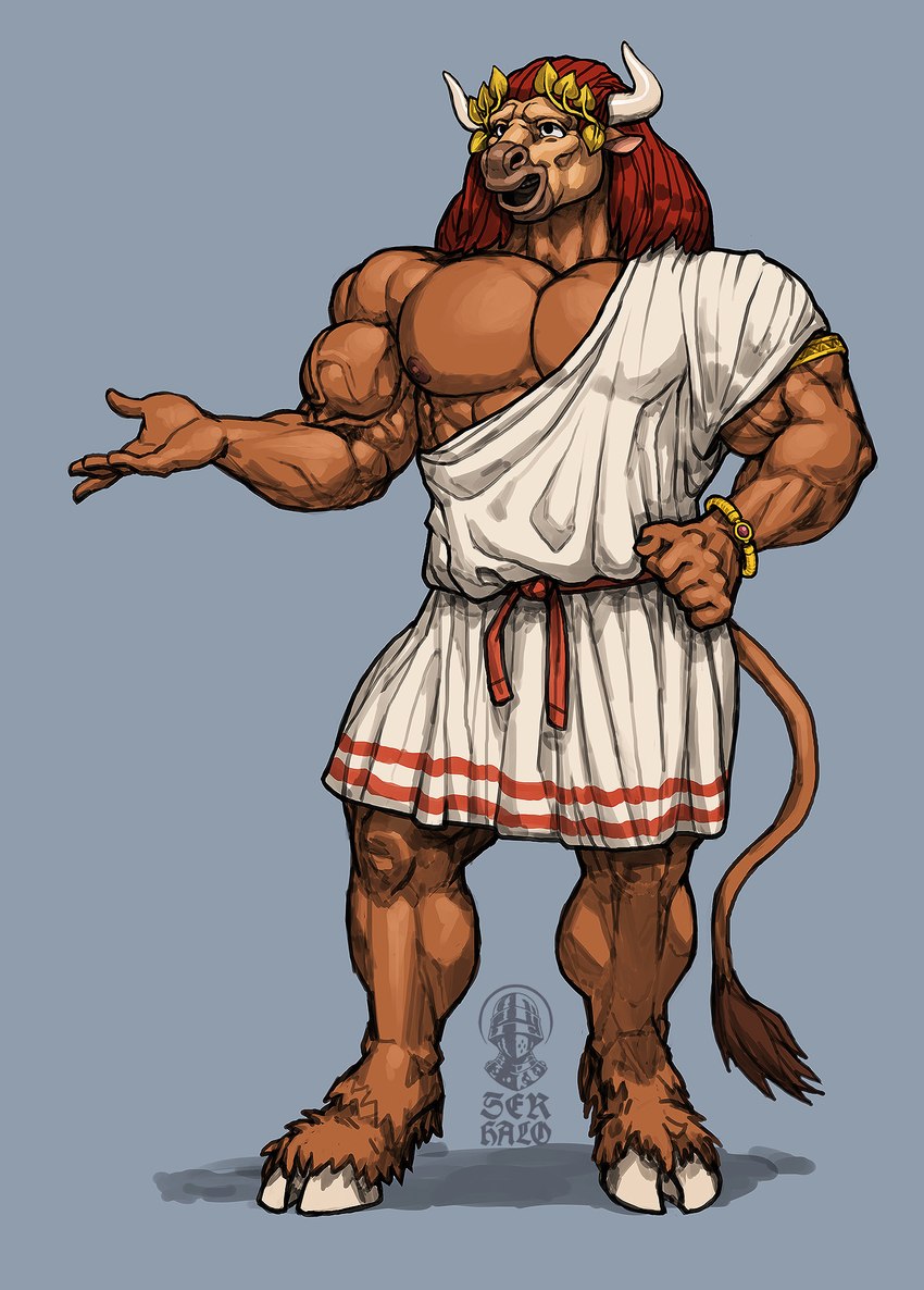 anthro armband big_muscles bracelet brown_body brown_fur cloth_belt clothed clothing cloven_hooves fur golden_wreath hand_on_hip hooves horn huge_muscles jewelry male mask muscular muscular_anthro nipples smile solo standing tail tail_tuft teeth toga tuft wig ser_halo european_mythology greek_mythology mythology iason_avarta bovid bovine mammal minotaur hi_res