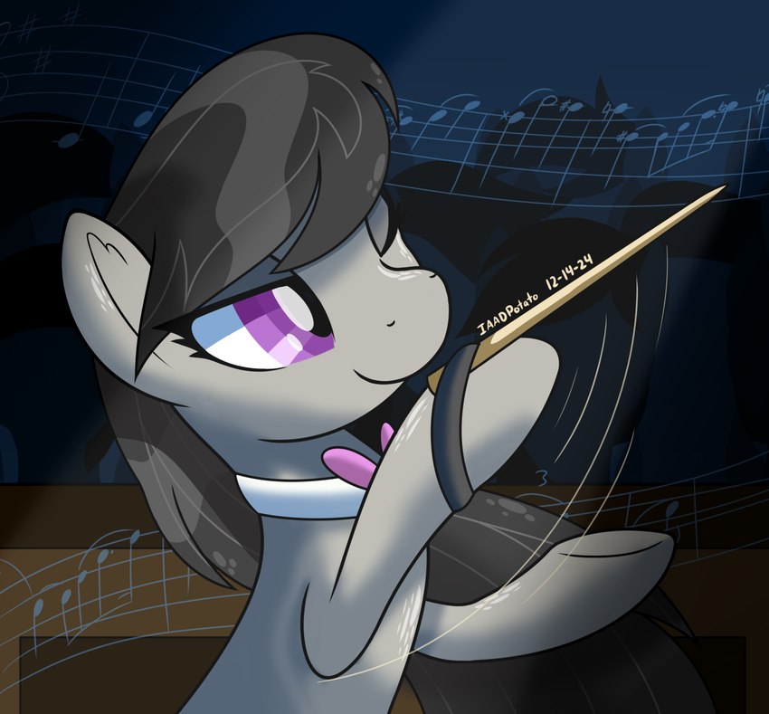 female grey_body music music_conductor one_eye_closed pink_bow purple_eyes smile solo notadeliciouspotato friendship_is_magic hasbro my_little_pony octavia_(mlp) equid equine horse mammal pony dated hi_res