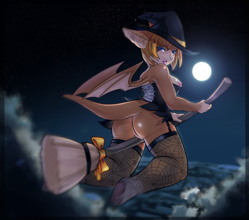 anthro areola blue_eyes blush bodily_fluids breasts broom butt cleaning_tool clothed clothing cloud exposed_breasts female flying full_moon fur genital_fluids genitals hat headgear headwear holidays legwear looking_at_viewer looking_back magic_user moon night nipples no_underwear orange_body orange_fur pussy solo stockings thigh_highs tongue tongue_out topwear vaginal_fluids wings witch witch_hat fireflufferz dust:_an_elysian_tail halloween stela bat mammal nimbat