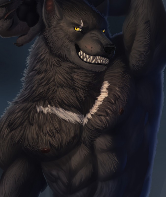 abs anthro black_body black_claws black_fur black_paws claws detailed_fur eye_scar facial_scar fangs fur grey_background hand_behind_head male muscular muscular_anthro muscular_male nipples pecs raised_arm scar seductive sharp_teeth simple_background smile snarling solo teeth white_body white_fur yellow_eyes marsel-defender silver_fang canid canine canis mammal wolf 2017 detailed digital_media_(artwork) hi_res