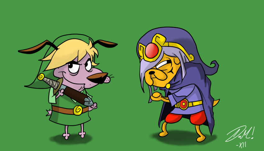 alternate_costume clothing clothing_swap cosplay crossover_cosplay male thin_calves thin_legs thin_thighs unknown_artist adventure_time cartoon_network courage_the_cowardly_dog minish_cap nintendo the_legend_of_zelda wind_waker courage_the_cowardly_dog_(character) jake_the_dog link toon_link vaati beagle canid canine canis domestic_dog hunting_dog mammal minish scent_hound toy_dog crossover