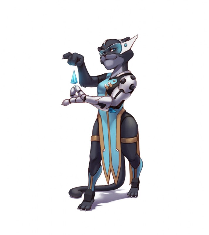 anthro black_body black_fur clothed clothing cosplay female fully_clothed fur headgear simple_background solo standing white_background bei_ju_luoxuan_wan blizzard_entertainment disney overwatch zootopia symmetra_(overwatch) felid jaguar mammal pantherine 2017 hi_res