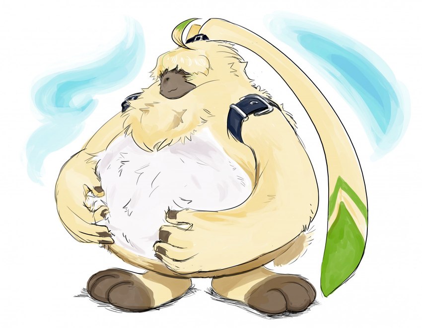 ahoge anthro belly belt fluffy fur hair hair_over_eyes long_ears male neck_tuft overweight overweight_male solo tuft white_belly yellow_body yellow_fur featherhead bandai_namco digimon digimon_ghost_game angoramon digimon_(species) lagomorph leporid mammal rabbit