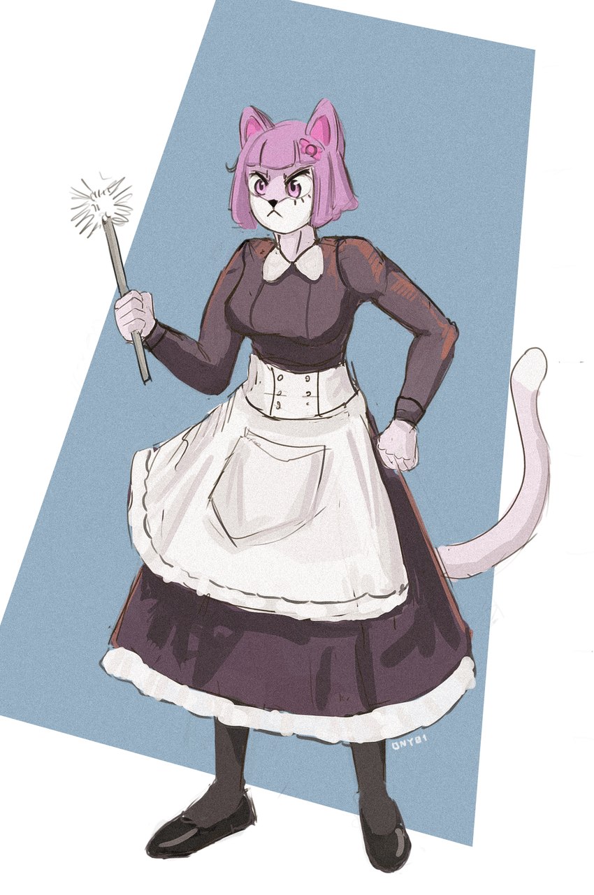 :< accessory anthro bow_ribbon cat_tail clothing feline_ears female frown hair hair_accessory hair_bow hair_ribbon hand_on_hip maid_uniform pink_eyes pink_hair ribbons solo uniform ony01 vkontakte masyunya_(vkontakte) felid feline mammal 2023 hi_res signature