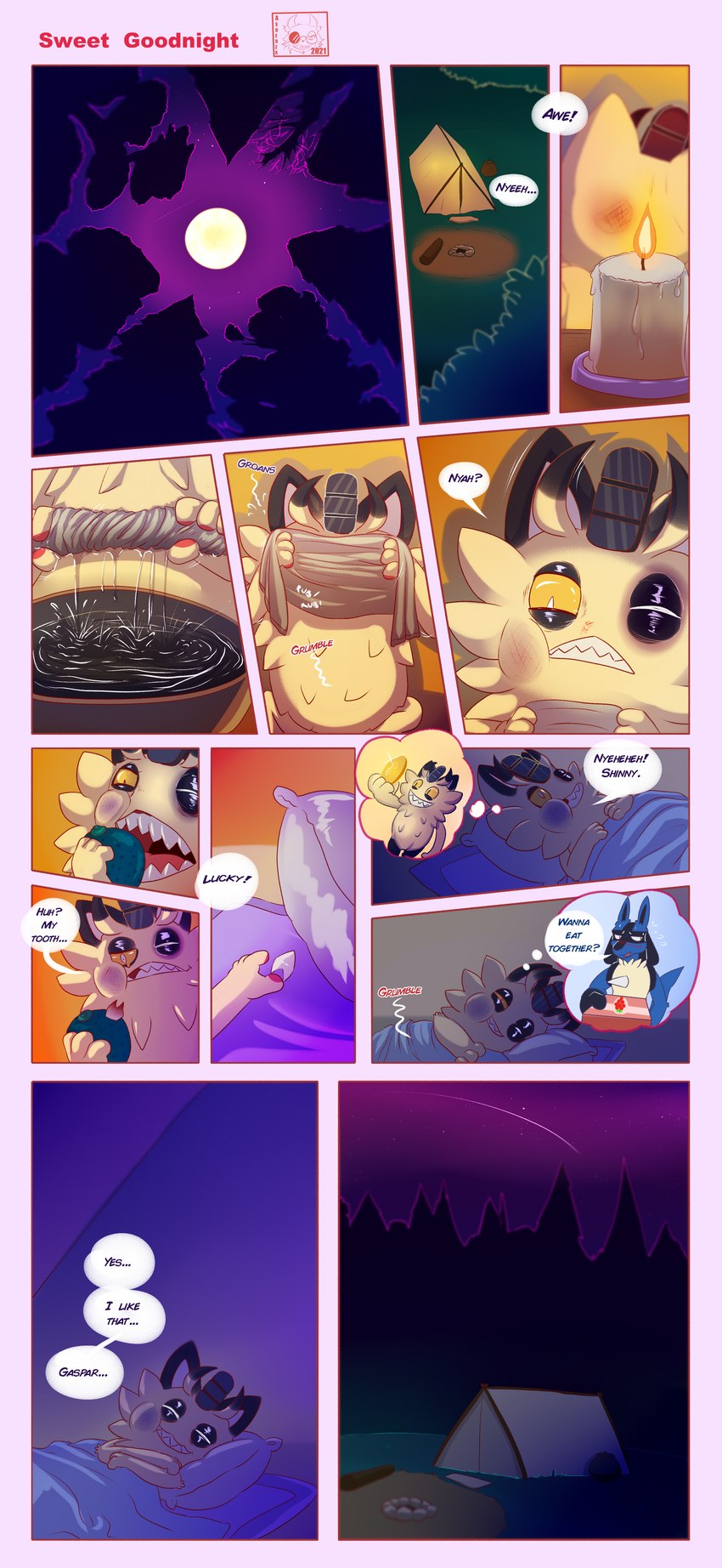 bedding blanket cereal_box dialogue food fruit male oran_berry pillow plant pokemon_berry rag solo teeth tent text water asderzx nintendo pokemon gaspar_(asderzx) sweet_(asderzx) galarian_form galarian_meowth generation_4_pokemon generation_8_pokemon lucario pokemon_(species) regional_form_(pokemon) absurd_res comic english_text hi_res