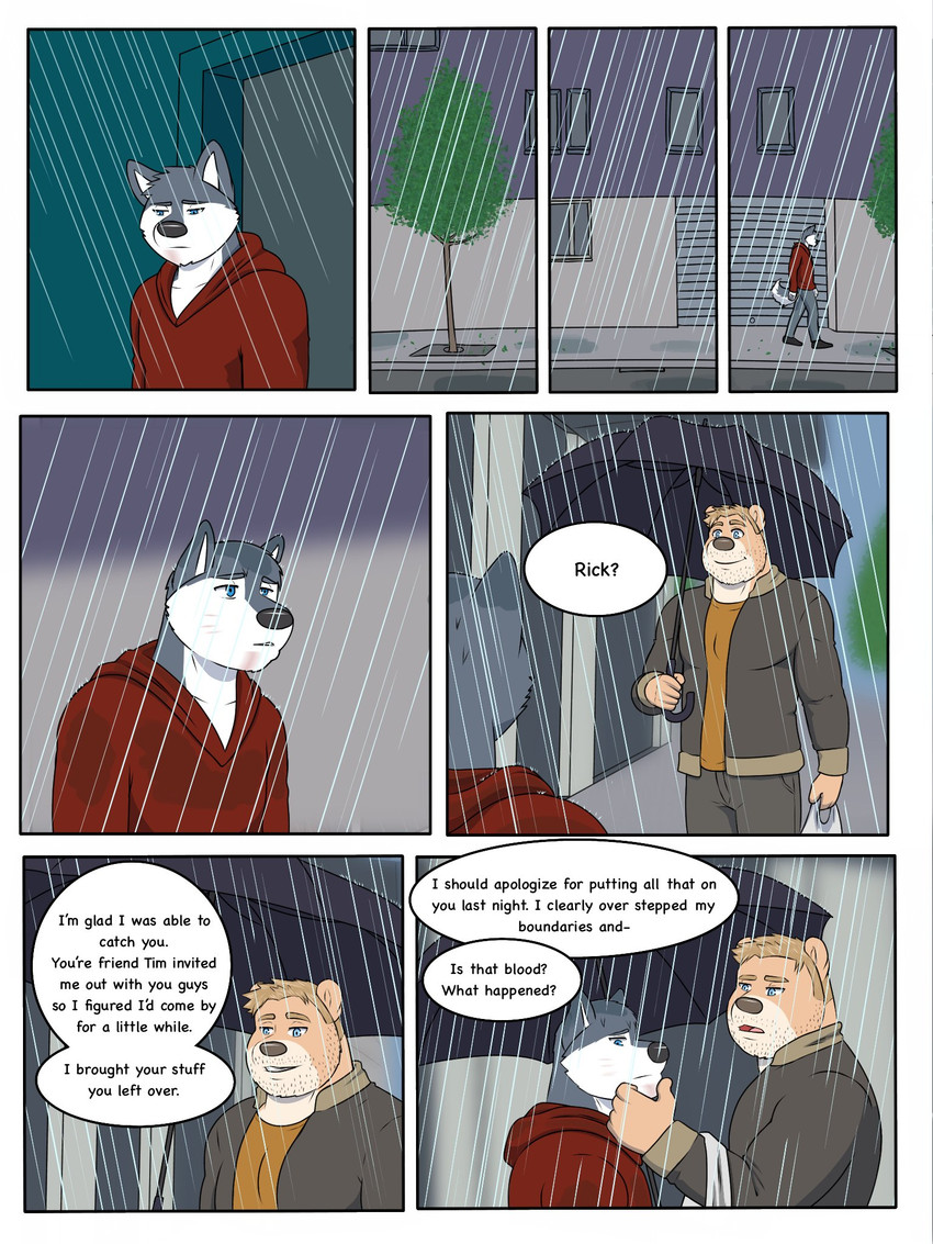 anthro blue_eyes clothing dialogue facial_hair fur group hair male raining text umbrella rain-yatsu seattle_fur rainier_(rain-yatsu) rick_(rain-yatsu) bear canid canine canis domestic_dog husky mammal nordic_sled_dog spitz 2020 3:4 comic english_text hi_res