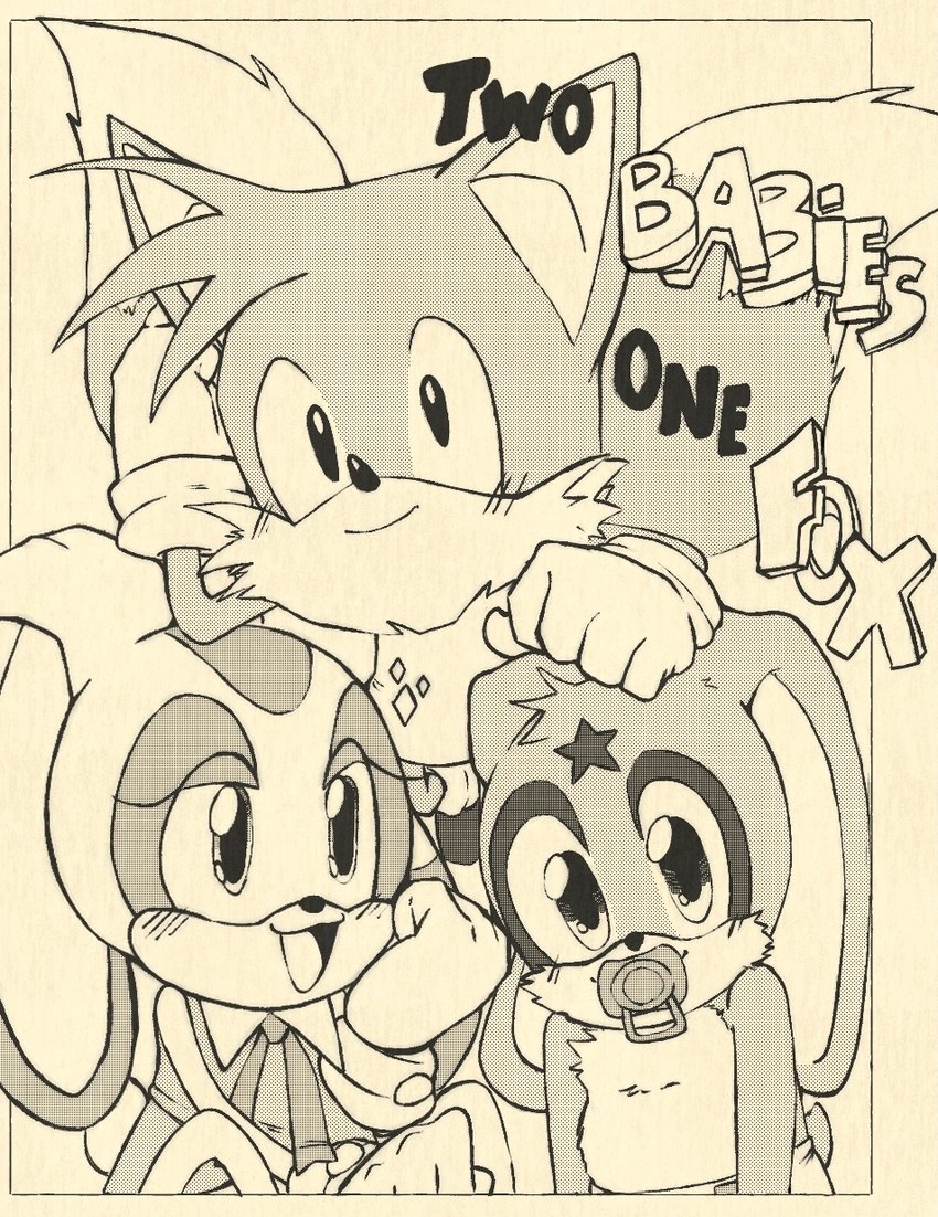 anthro baby clean_diaper clothed clothing diaper female group male male/female object_in_mouth pacifier pacifier_in_mouth trio wearing_diaper why young chicowin sega sonic_the_hedgehog_(series) cream_the_rabbit miles_prower unistar_(character) canid canine fox lagomorph leporid mammal rabbit cover cover_art cover_page hi_res