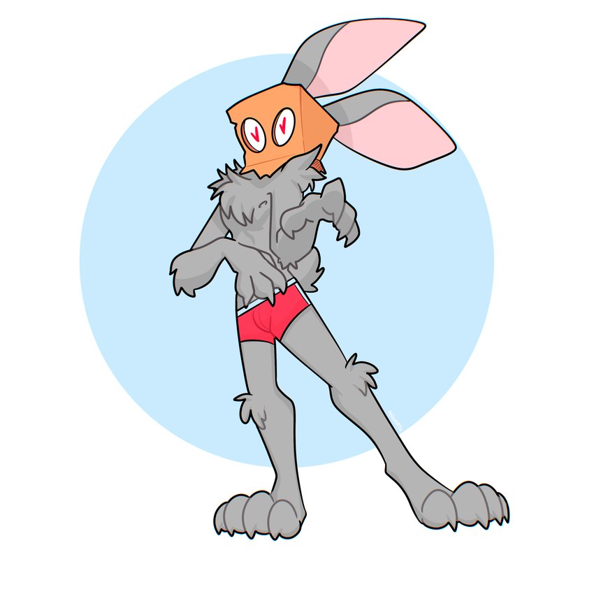 anthro briefs chest_tuft clothing fur grey_body grey_fur heart_eyes heart_symbol male paper_bag paper_bag_mask simple_background solo tuft underwear white_background xing1 lagomorph leporid mammal rabbit 1:1 absurd_res hi_res