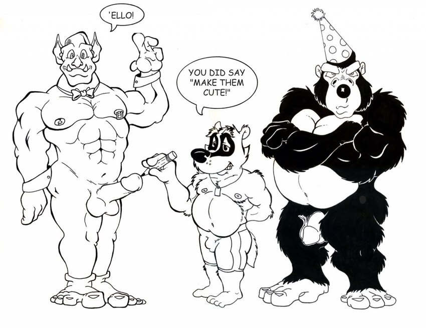 abs anthro bottomwear clothing erection flaccid genitals group hat headgear headwear humanoid_genitalia humanoid_penis male musclegut muscular muscular_anthro muscular_male nipples nude party_hat pecs pencil penis shorts trio brucebadger chippendales bruce_(brucebadger) gor_(tomcat) trassk ape badger gorilla haplorhine humanoid mammal mustelid musteline orc primate black_and_white monochrome