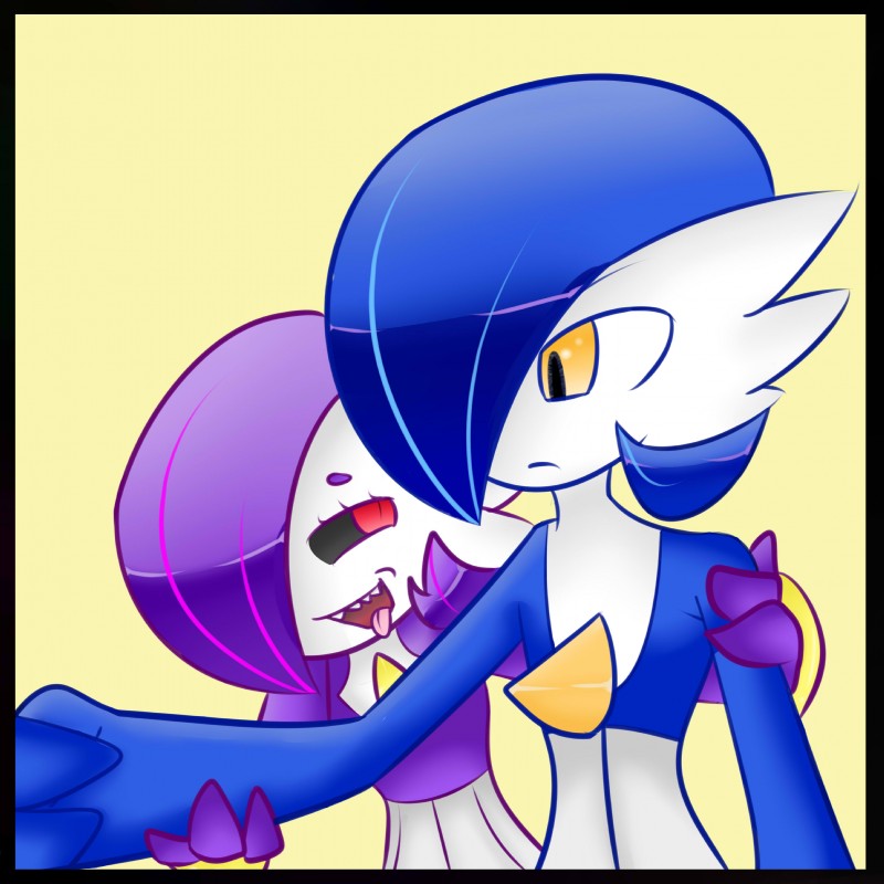 alternate_color black_border black_sclera blue_hair border devious duo female flat_chested hair happy not_furry open_mouth purple_hair red_eyes simple_background smile teeth tongue tongue_out yellow_background yellow_eyes lvl100gardevoir nintendo pokemon cleo fan_character selkie_(character) gardevoir generation_3_pokemon pokemon_(species) 1:1 absurd_res hi_res