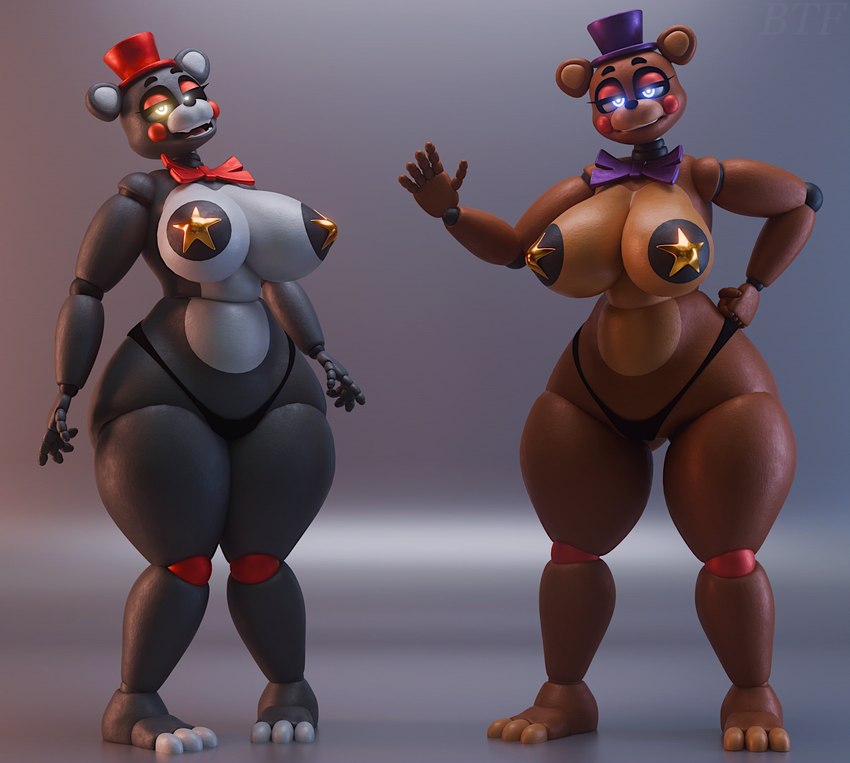 anthro big_breasts black_clothing black_panties black_thong black_underwear blue_eyes bow_tie breasts clothing crossgender curvy_figure duo feet female fingers hand_on_hip hat headgear headwear looking_at_viewer machine mtf_crossgender panties pasties red_bow_tie red_top_hat standing star_sticker thick_thighs thong top_hat underwear wide_hips yellow_eyes bellathefella69 mishuyuu_(modeler) five_nights_at_freddy's freddy_fazbear's_pizzeria_simulator scottgames lefty_(fnaf) lefty_(mishuuyu) rockstar_freddy_(fnaf) animatronic bear mammal robot robot_anthro 2024 3d_(artwork) blender_(artwork) digital_media_(artwork) full-length_portrait hi_res portrait watermark